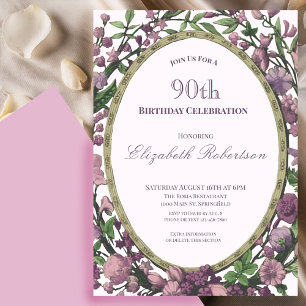 Elegant Pink Floral Border Women's 90th Birthday Invitation