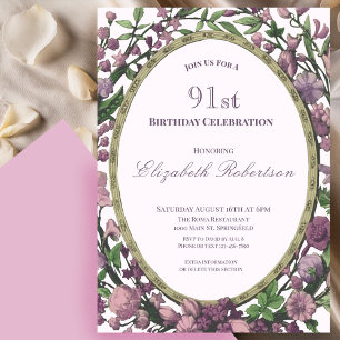 Elegant Pink Floral Border Women's 91st Birthday  Invitation