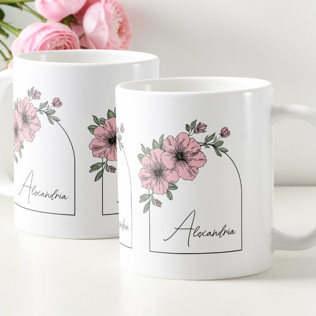 Elegant Pink Floral Botanical Arch Black Script Coffee Mug (Elegant Pink Floral Botanical Arch Black Script Coffee Mug)