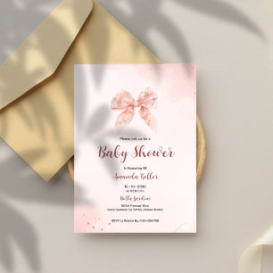 Elegant Pink Floral Bow Baby Shower Invitation