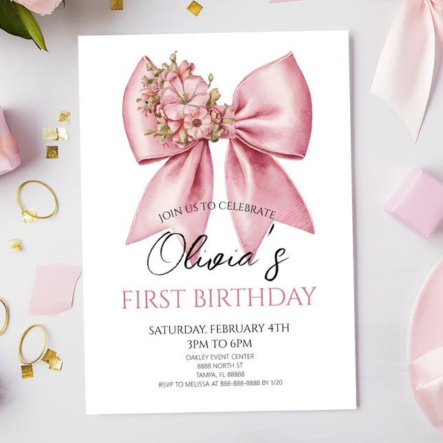 Elegant Pink Floral Bow Birthday Party Invitation (Creator Uploaded)