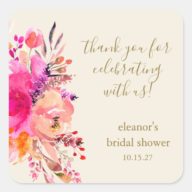 Elegant Pink Floral Bridal Shower Custom Thank You Square Sticker (Front)