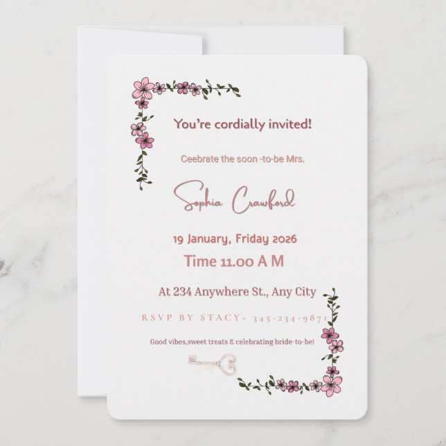 Elegant Pink Floral Bridal Shower Invitation | Min (Front)