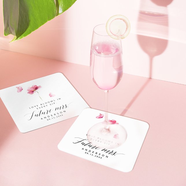 Elegant Pink Floral Bridal Shower Square Paper Coaster (Creator Uploaded)