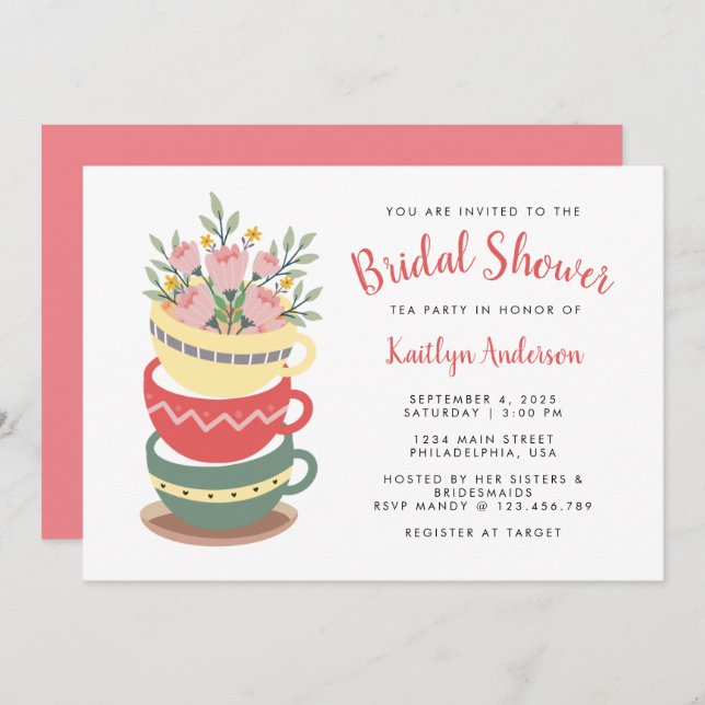 Elegant Pink Floral Bridal Shower Tea Party  Invitation (Front/Back)