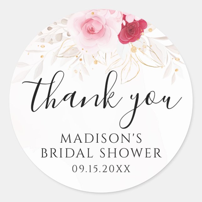 Elegant Pink Floral Bridal Shower Thank You Classic Round Sticker (Front)