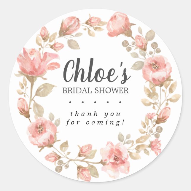 Elegant Pink Floral Bridal Shower Thank You Classic Round Sticker (Front)