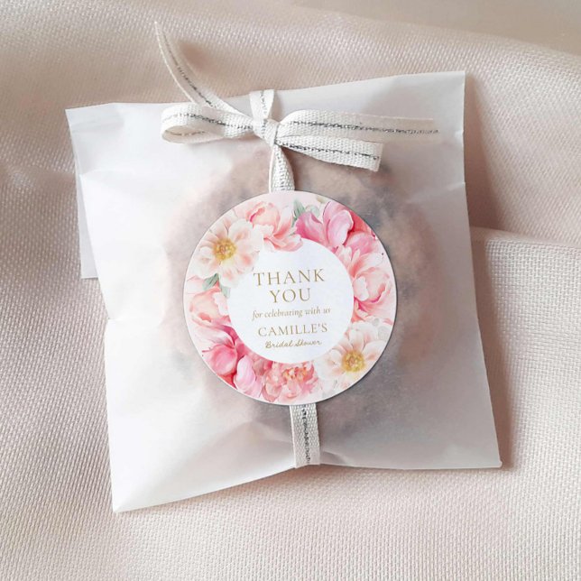 Elegant Pink Floral Bridal Shower Thank you Classic Round Sticker (Elegant Pink Floral Bridal Shower Thank you sticker)