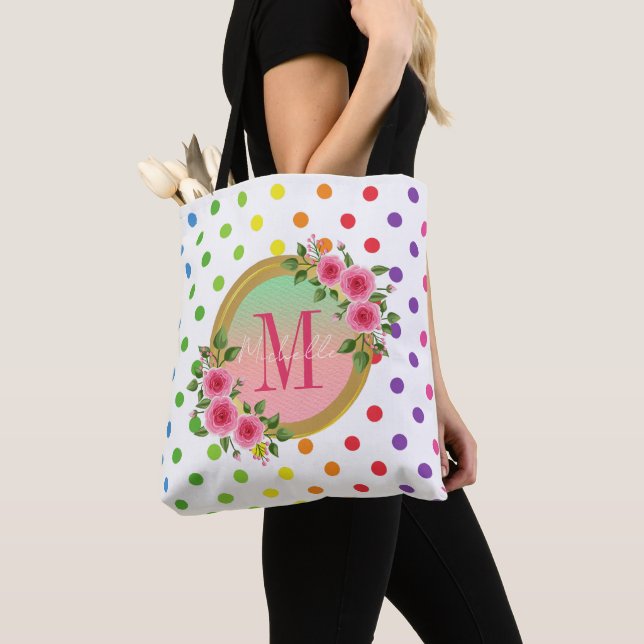 Elegant Pink Floral Bridesmaid Monogram Name  Tote Bag (Close Up)