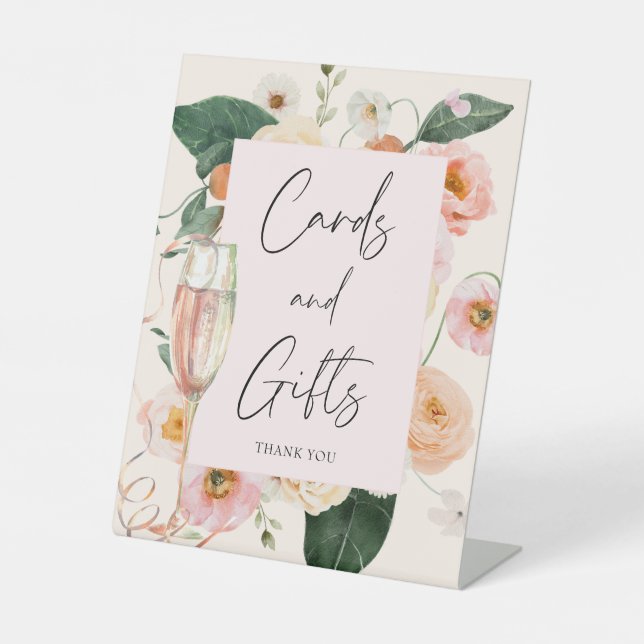 Elegant Pink Floral Brunch & Bubbly Bridal Shower Pedestal Sign (Front)