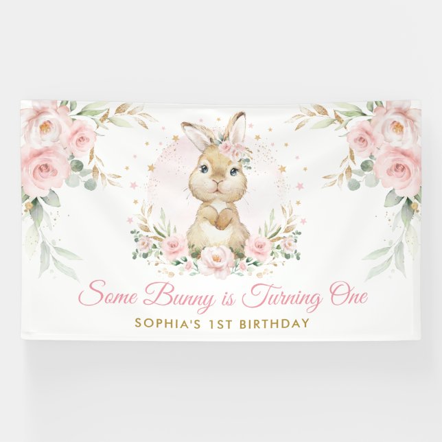 Elegant Pink Floral Bunny Rabbit Girl Birthday Banner (Horizontal)