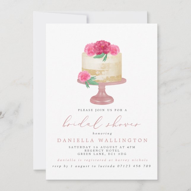 Elegant Pink Floral Cake Bridal Shower Invitation (Front)