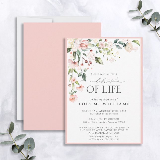 Elegant Pink Floral Celebration of Life Invitation (Creator Uploaded)