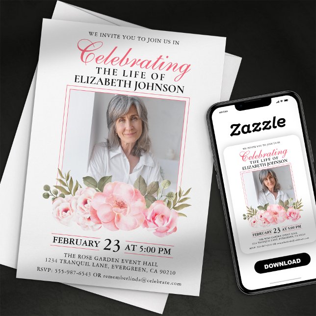 Elegant Pink Floral Celebration of Life Memorial Invitation (Creator Uploaded)