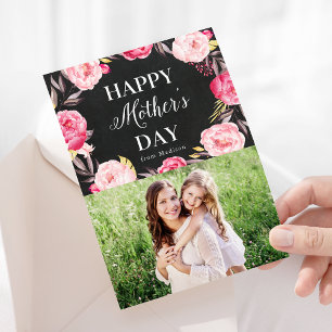 Elegant Pink Floral Chalkboard Photo Mother's Day Card