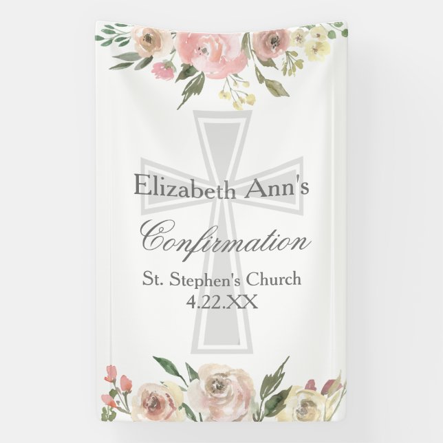Elegant Pink Floral Confirmation Custom Party Banner (Vertical)