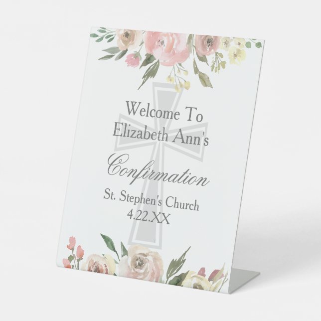 Elegant Pink Floral Confirmation Custom Party Pedestal Sign (Front)