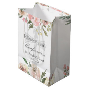 Elegant Pink Floral Confirmation Party Custom Medium Gift Bag