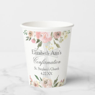 Elegant Pink Floral Confirmation Party Custom Paper Cups