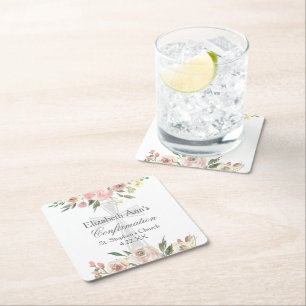 Elegant Pink Floral Confirmation Party Custom Square Paper Coaster