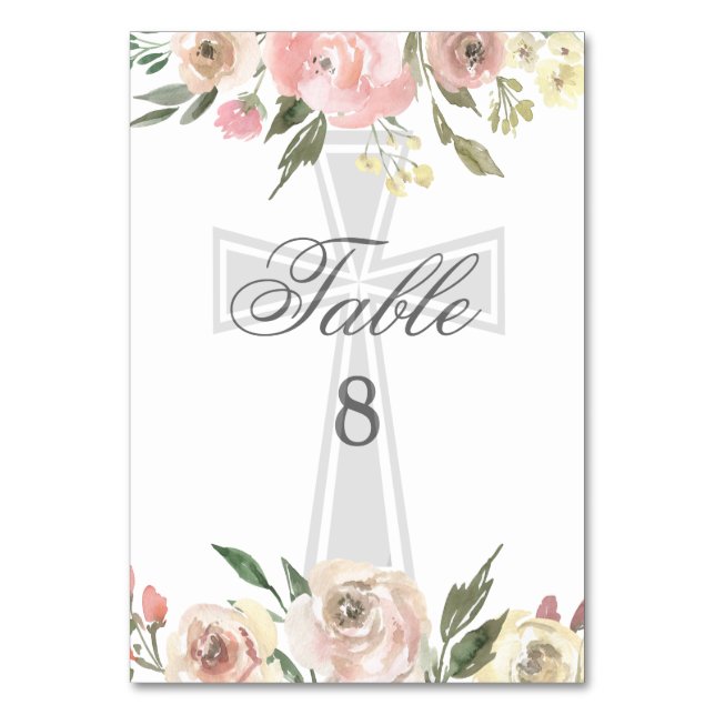 Elegant Pink Floral Confirmation Party Custom Table Number (Front)