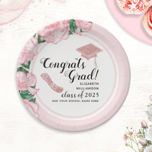 Elegant Pink Floral Congrats Grad Graduation Paper Plate