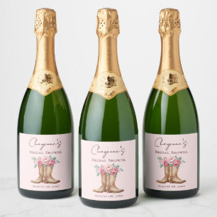 Elegant Pink Floral Cowgirl Bridal Shower  Sparkling Wine Label