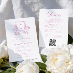 Elegant Pink Floral Crest All in One Wedding Invitation