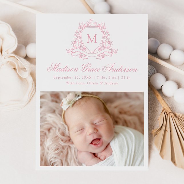 Elegant Pink Floral Crest Monogram 4 Photo Birth Announcement (Creator Uploaded)
