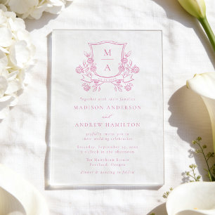 Elegant Pink Floral Crest Monogram Wedding Acrylic Invitations