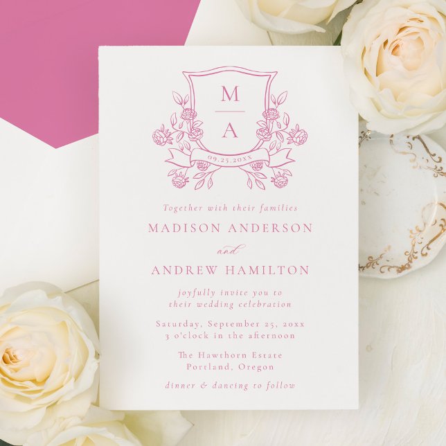 Elegant Pink Floral Crest Monogram Wedding Invitation (Creator Uploaded)