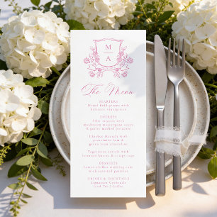 Elegant Pink Floral Crest Monogram Wedding Menu