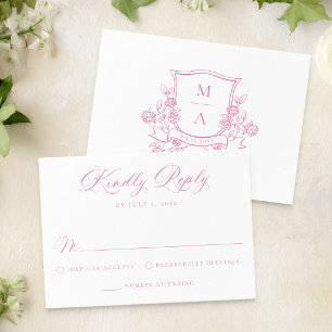 Elegant Pink Floral Crest Monogram Wedding RSVP Card