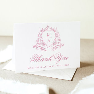 Elegant Pink Floral Crest Monogram Wedding Thank You Card