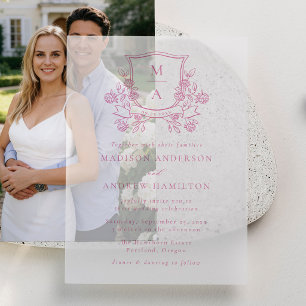 Elegant Pink Floral Crest Monogram Wedding Vellum Invitations