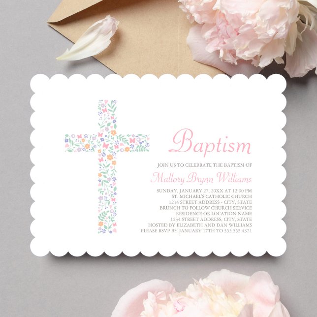Elegant Pink Floral Cross Baby Girl Baptism Invitation (Creator Uploaded)
