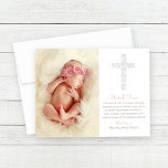 Elegant Pink Floral Cross Baby Girl Baptism Photo Thank You Card<br><div class="desc">This simple and sweet baby girl baptism thank you card design features a baby photo with stylish pink and grey text that can be fully personalised,  accented by a pretty cross made of flowers,  butterflies,  and hearts.</div>