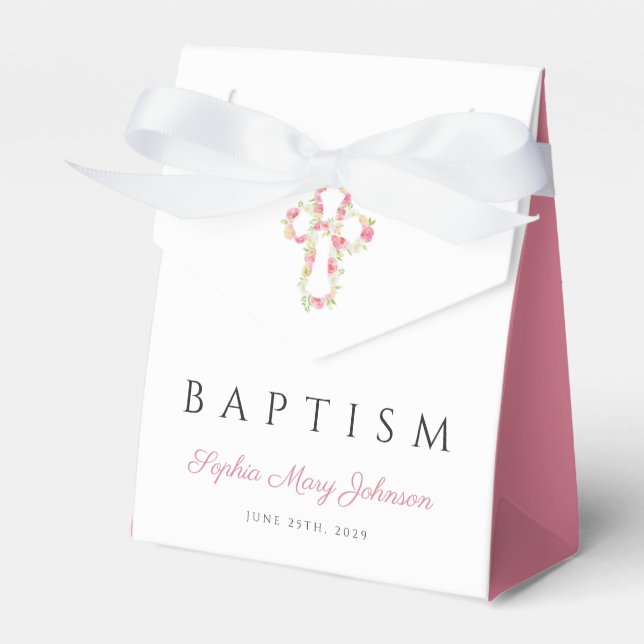 Elegant Pink Floral Cross Baptism Favour Box (Front Side)