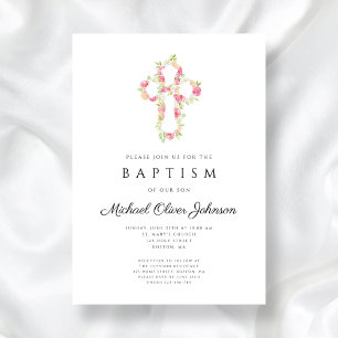 Elegant Pink Floral Cross Baptism Invitation