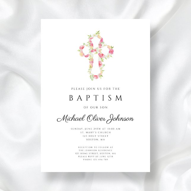 Elegant Pink Floral Cross Baptism Invitation (Elegant Floral Pink Cross Baptism Invitation)