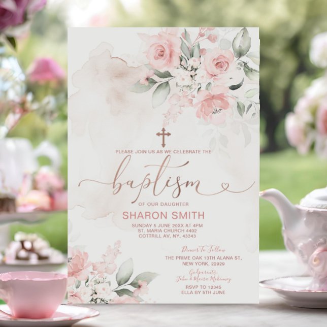 Elegant Pink Floral Cross Christening Baptism Invitation (Creator Uploaded)