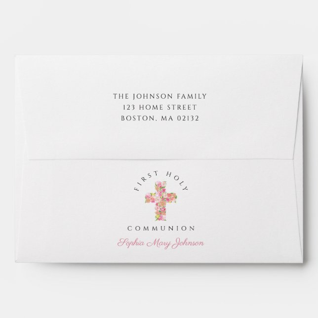 Elegant Pink Floral Cross First Communion Envelope (Back (Top Flap))