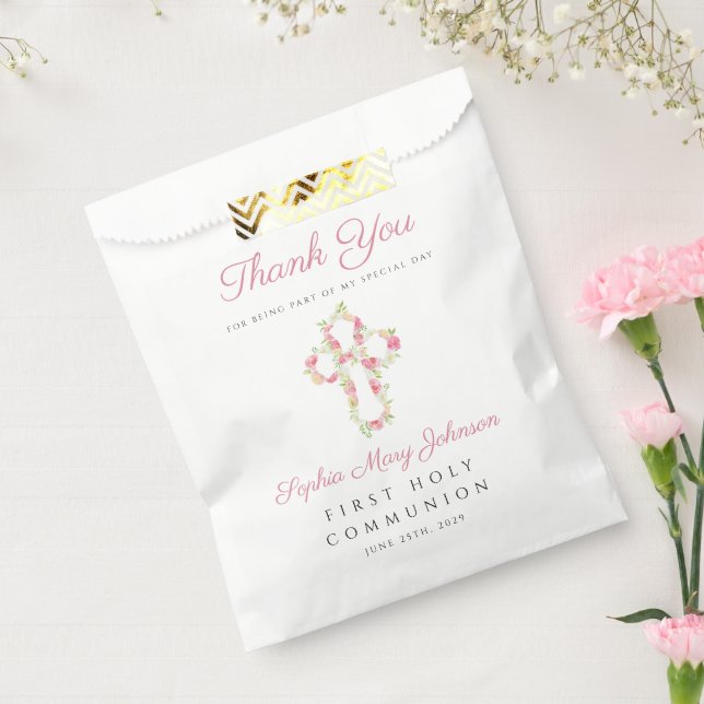 Elegant Pink Floral Cross First Communion Favour Bags (Sealed)