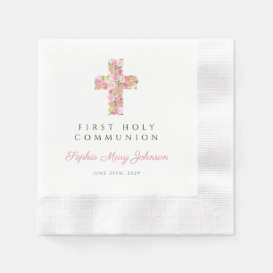 Elegant Pink Floral Cross First Communion Napkin