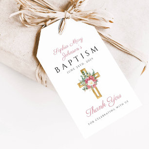 Elegant Pink Floral Cross Girl Baptism Gift Tags