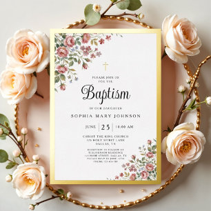 Elegant Pink Floral Cross Girl Baptism Gold