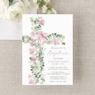 Elegant Pink Floral Cross Girl Baptism Invitation