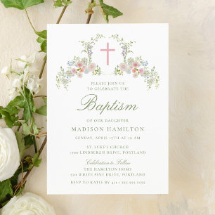 Elegant Pink Floral Cross Girl Baptism Invitation