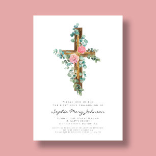 Elegant Pink Floral Cross Girl First Communion Invitation
