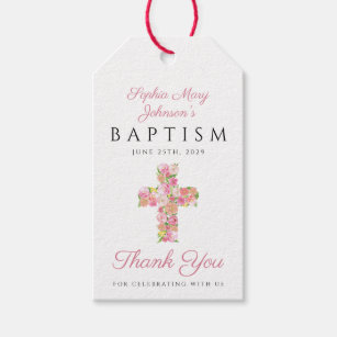 Elegant Pink Floral Cross Religious Baptism Gift Tags
